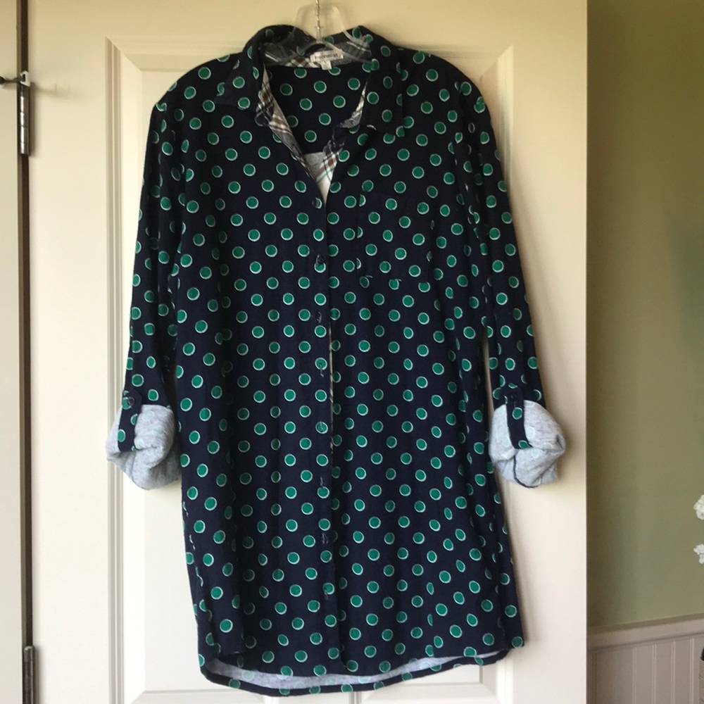Button-Up Sleep Shirt: Navy Blue & Green Polka Dot